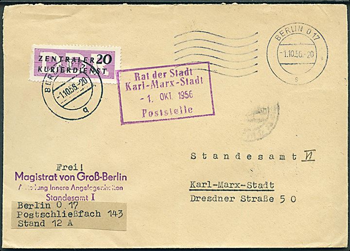 Zentraler Kurierdienst mærke på tjenestebrev fra Berlin d. 1.10.1956 til Karl-Marx-Stadt.
