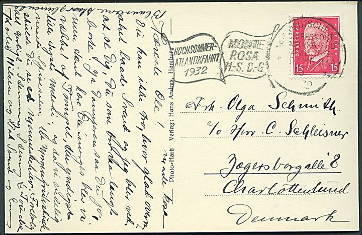 15 pfg. Hindenburg på brevkort annulleret med skibsstempel Deutsche Schiffspost Hamburg Süd Hamburg - Südamerika / Monte Rosa H.-S. D.G. d. 15.7.1932 og sidestemplet Hochsommer-Atlantikfahrt 1932 til Charlottenlund, Danmark.