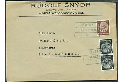 1 pfg. (2) og 3 pfg. Hindenburg på brev fra Haida annulleret med provisorisk stempel (Sudeterland) i Haida d. 31.12.1938 til Steinschönau.