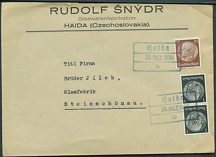 1 pfg. (2) og 3 pfg. Hindenburg på brev fra Haida annulleret med provisorisk stempel (Sudeterland) i Haida d. 31.12.1938 til Steinschönau.