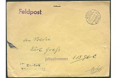 Ufrankeret feldpostbrev fra Wörth d. 18.12.1944 til soldat ved feldpost nr. 11870C (= 2. (= Kompanie Feldersatz-Bataillon 335). Retur med stempel Zurück unzustellbar.