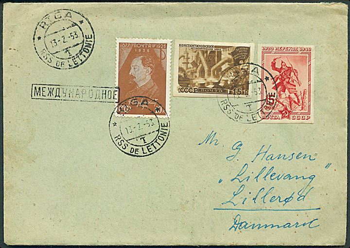 40 kop. blandingsfrankeret brev fra Riga d. 13.2.1953 til Lillerød, Danmark.