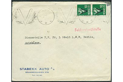10 øre V Provisorium i parstykke på brev annulleret med maskinstempel V/Stabekk d. 4.9.1941 til Dienststelle F.P. Nr. L36018 (=  Luftgau-Kommando Norwegen). Rødt liniestempel Feldpostprüfstelle.