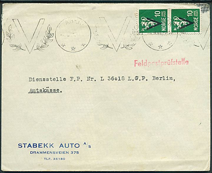 10 øre V Provisorium i parstykke på brev annulleret med maskinstempel V/Stabekk d. 4.9.1941 til Dienststelle F.P. Nr. L36018 (=  Luftgau-Kommando Norwegen). Rødt liniestempel Feldpostprüfstelle.