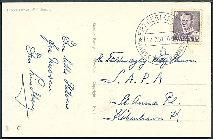 15 øre Fr. IX på brevkort annulleret med særstempel Frederikshavn * Dansk Fiskerimesse* d. 12.7.1951 til København.