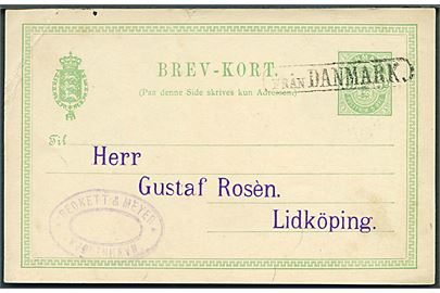 5 øre Våben helsagsbrevkort fra Kjøbenhavn d. 18.1.1894 annulleret med skibsstempel Från Danmark til Lidköping, Sverige.