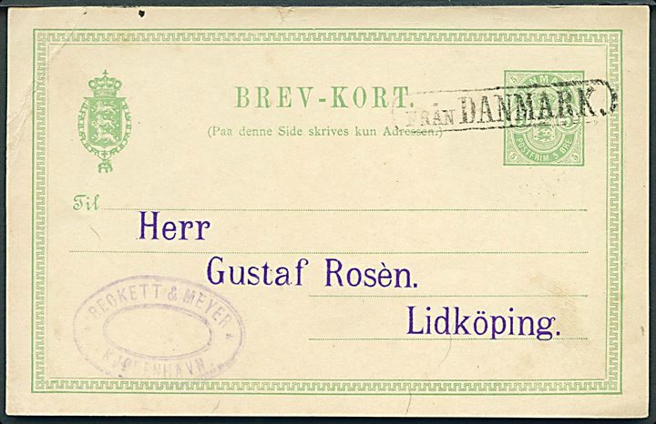 5 øre Våben helsagsbrevkort fra Kjøbenhavn d. 18.1.1894 annulleret med skibsstempel Från Danmark til Lidköping, Sverige.