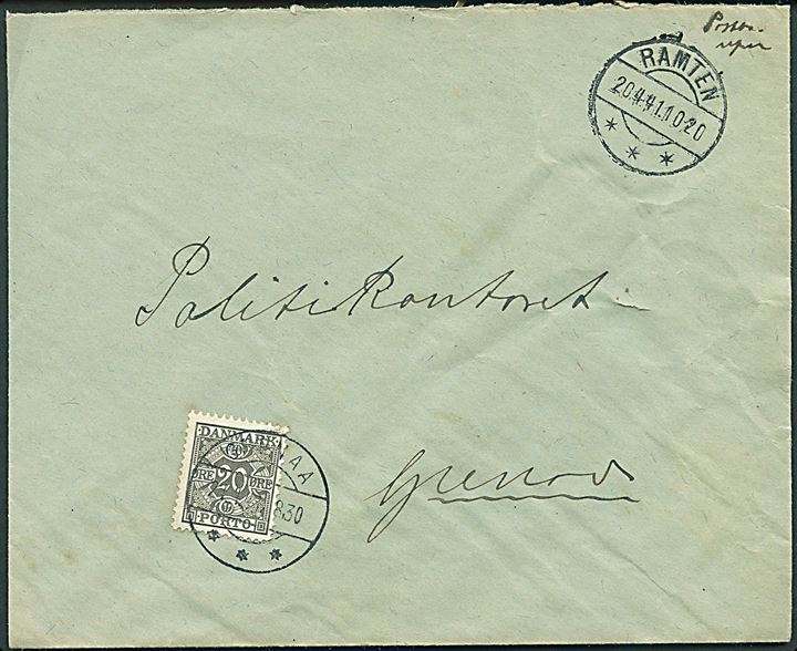 Ufrankeret brev med brotype IIc Ramten d. 20.4.1941 til Politikontoret i Grenaa. Udtakseret i enkeltporto med 20 øre Portomærke stemplet Grenaa d. 21.4.1941.