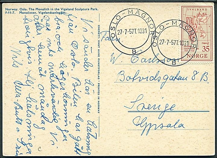 35 øre Svalbard (fold) på brevkort annulleret med bureaustempel Oslo - Magnor B. T.1031 d. 27.7.1957 til Uppsala, Sverige.