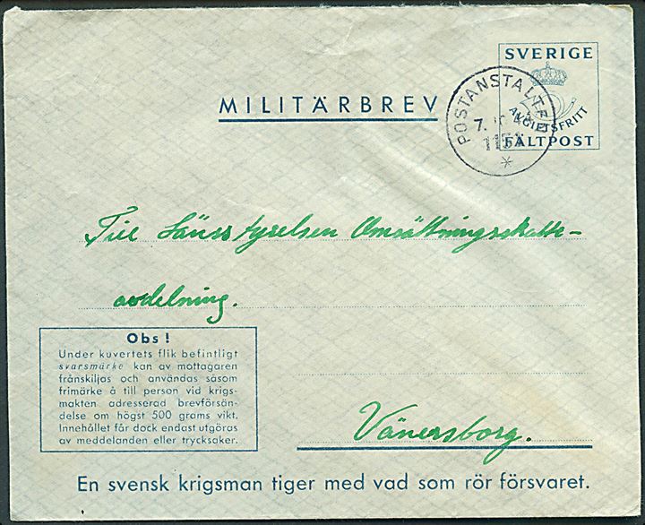 Militärbrev stemplet Postanstalten 1151* (Marstrand) d. 7.10.1944 til Värnersborg. Fra marinesoldat ved Marinepost 2488D (= Göteborgs kustartilleriförsvar, Spärren Marstrand).