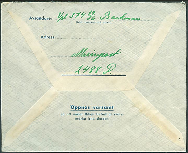 Militärbrev stemplet Postanstalten 1151* (Marstrand) d. 7.10.1944 til Värnersborg. Fra marinesoldat ved Marinepost 2488D (= Göteborgs kustartilleriförsvar, Spärren Marstrand).