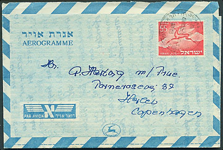 55 p. helsags aerogram fra Tel Aviv 1952 til Herlev, Danmark.