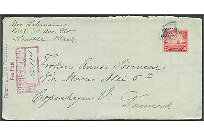 20 cents Golden Gate single på anbefalet brev med modtagelsesbevis fra Seattle d. 1.3.1929 via New York til København, Danmark.