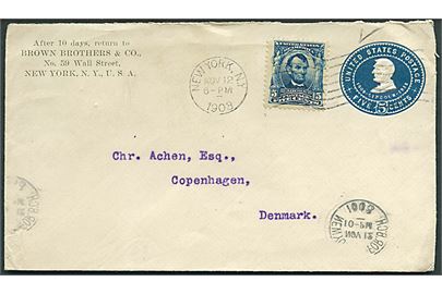 5 cents Lincoln helsagskuvert opfrankeret med 5 c. Lincoln fra New York d. 12.11.1908 til København, Danmark.