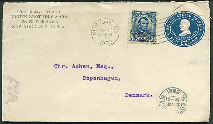 5 cents Lincoln helsagskuvert opfrankeret med 5 c. Lincoln fra New York d. 12.11.1908 til København, Danmark.