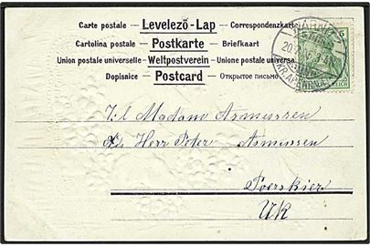 5 pfg. Germania på brevkort stemplet Warnitz (Kr. Apenrade) d. 20.7.1905 til Uk.