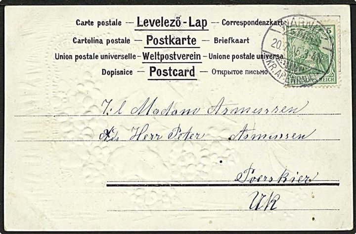 5 pfg. Germania på brevkort stemplet Warnitz (Kr. Apenrade) d. 20.7.1905 til Uk.