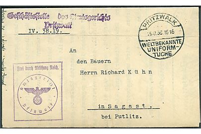 Ufrankeret tjenestebrev fra Pritzwalk d. 25.8.1936 til Sagast.