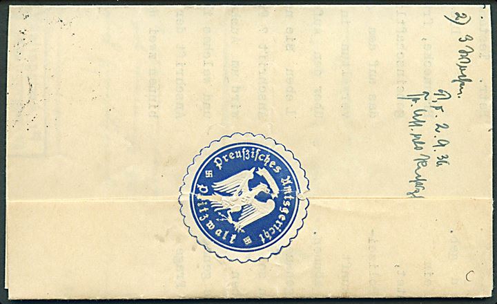 Ufrankeret tjenestebrev fra Pritzwalk d. 25.8.1936 til Sagast.