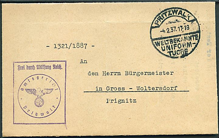 Ufrankeret tjenestebrev fra Pritzwalk d. 4.2.1937 til Prignitz.