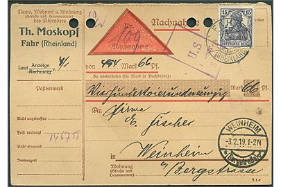 15 pfg. Germania på postopkrævningsformular fra Fahr (Rheinland) d. 20.1.1919 til Weinheim. Amerikansk censur fra den amerikanske Rhinlands-besættelse. 4 arkivhuller.