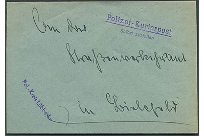 Ufrankeret tjenestebrev fra Pol.-Kreis Lübbecke ca. 1950 med stempel Polizei-Kurierpost / Sofort zustellen til Bielefeld.