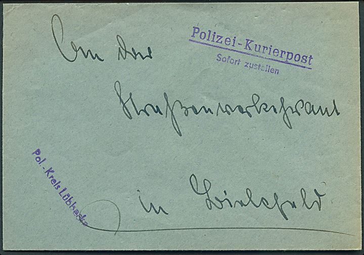 Ufrankeret tjenestebrev fra Pol.-Kreis Lübbecke ca. 1950 med stempel Polizei-Kurierpost / Sofort zustellen til Bielefeld.
