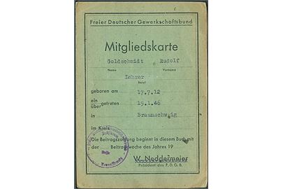 Freier Deutscher Gewerkschaftsbund medlemskort med indklæbede mærker fra 1946/1948.