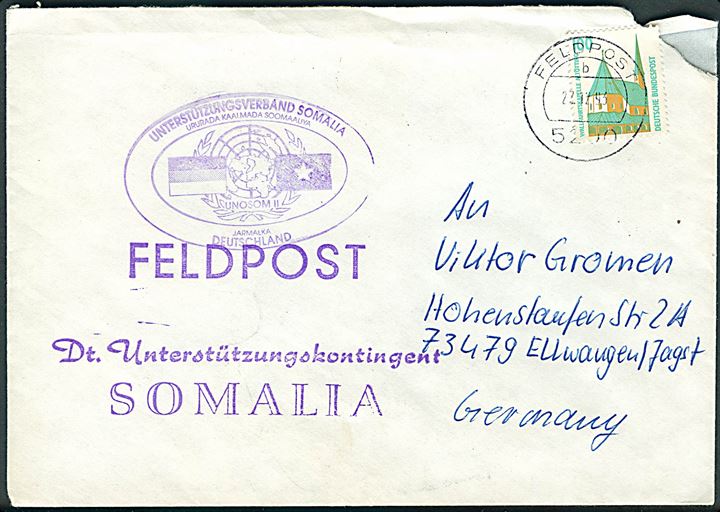 100 pfg. på brev stemplet Feldpost 5200 d. 23.12.1993 til Ellwangen, Tyskland. Fra det tyske Unterstützungskontingent ved UNOSOM II i Somalia. Hj. skade.