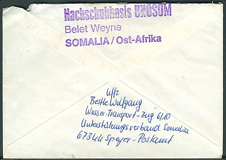 100 pfg. på brev stemplet Feldpost 5200 d. 23.12.1993 til Ellwangen, Tyskland. Fra det tyske Unterstützungskontingent ved UNOSOM II i Somalia. Hj. skade.