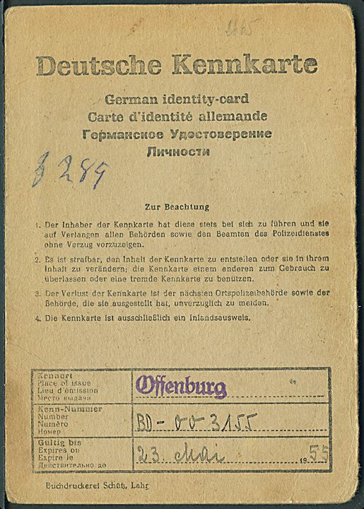 Deutsche Kennkarte med foto udstedt i Offenburg d. 23.5.1950.