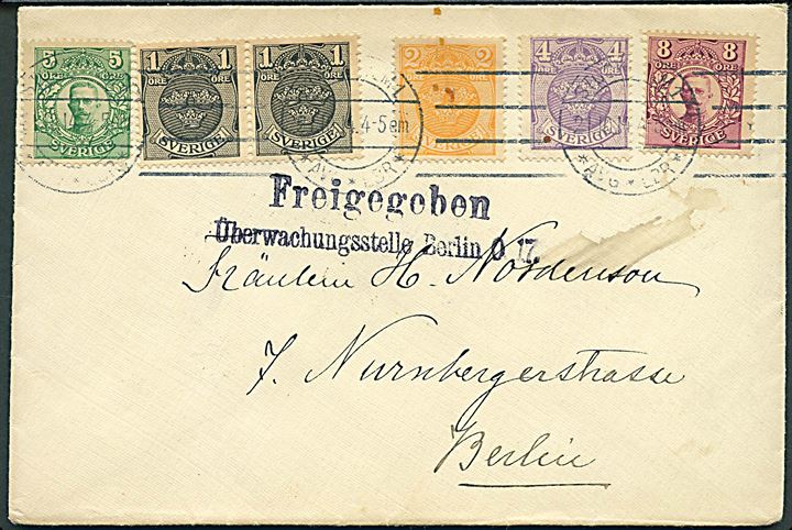 1 öre (2), 2 öre, 4 öre Tre Kroner, 5 öre og 8 öre Gustaf på brev fra Stockholm d. 21.10.1914 til Berlin, Tyskland. Tysk censur fra Berlin.