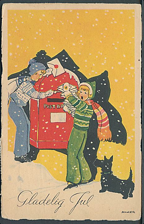 Anker Kjerulff: Glædelig Jul. Unge mennesker putter breve i postkassen. U/no. 