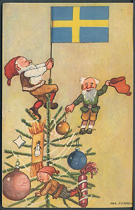 Jac Edgren: God jul og gott nytt år. Nisser i juletræet. Nordisk Konst no. 8962. 