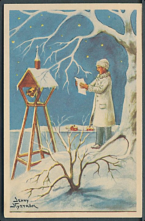 Jenny Nystrøm: God Jul og Gott Nytt År. Nisse sat neg fast på hegnet til fugle. Nordisk Konst no. 6565/1. 11 x 7 cm. 