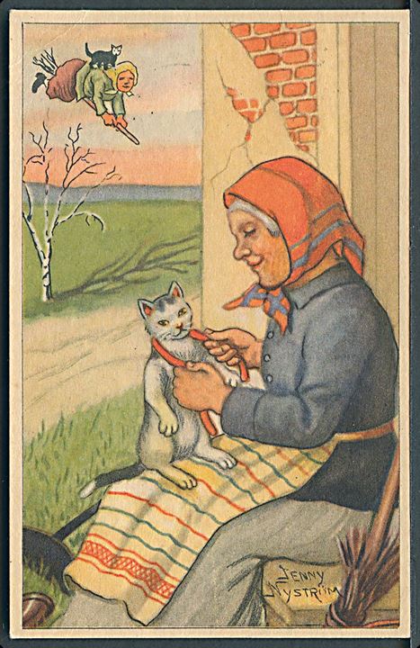 Jenny Nystrøm: Glad Påsk.Kvinde binder bånd om katten. Heks i luften. Nordisk Konst no. 6727. 11 x 7 cm. 