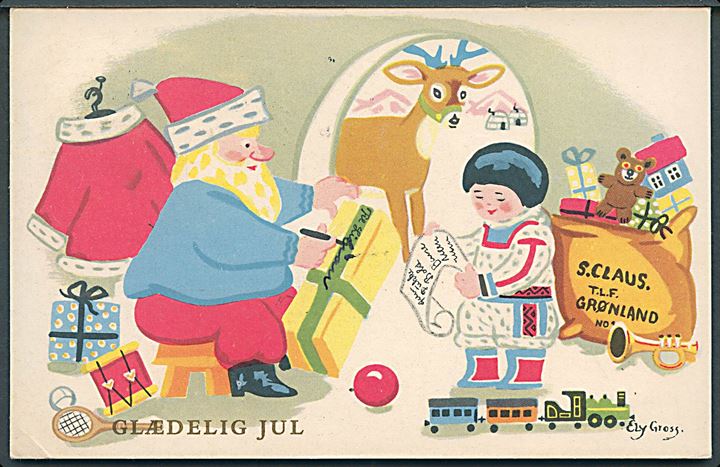Ely Gross: Glædelig Jul. Julemanden ordner julegaverne, Grønland. Stenders, serie no. 609 - 28.  