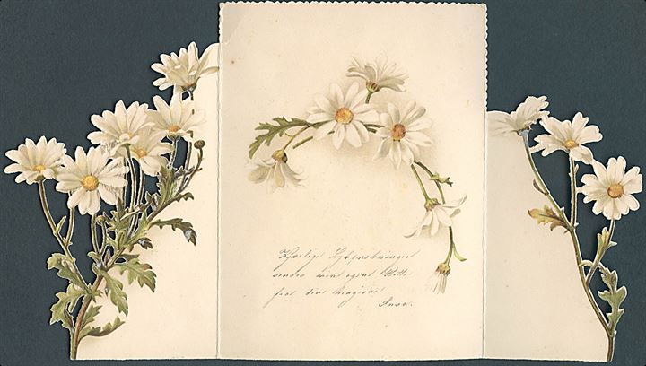 Fold ud kort med blomster. Sendt til eller fra Diakonissestiftelsen d. 30 April 1893. Uden adresselinier. U/no. 