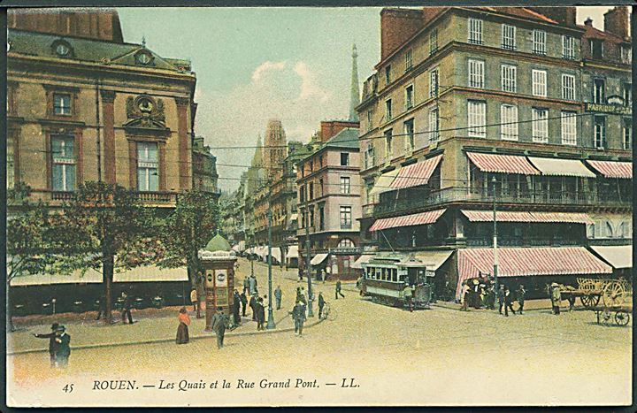 Frankrig. Rouen. Les Quais et la Rue Grand Pont. Med sporvogn. LL. no. 45. 