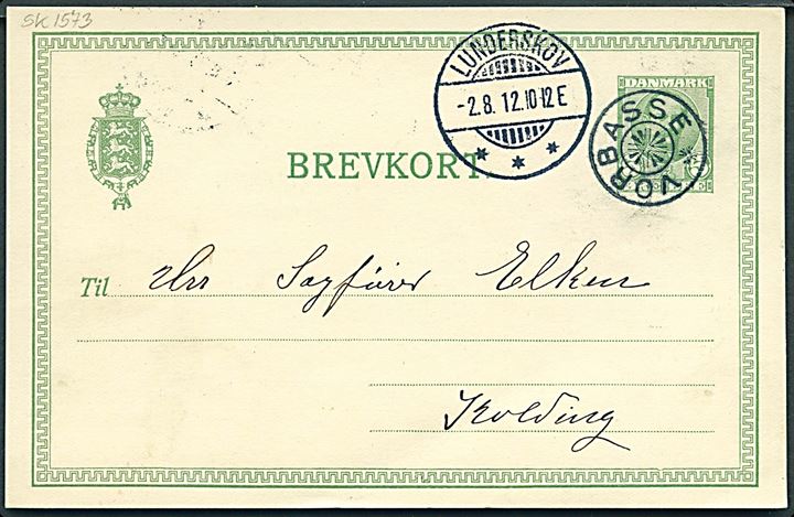 5 øre Fr. VIII helsagsbrevkort annulleret med stjernestempel VORBASSE og sidestemplet Lunderskov d. 2.8.1912 til Kolding.