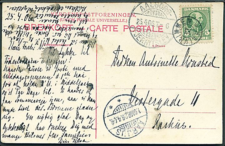 5 øre Chr. IX på brevkort annulleret med stjernestempel HALVRIMMEN og sidestemplet Aalborg - Fjerritslev T.6 d. 25.4.1906 til Aarhus.
