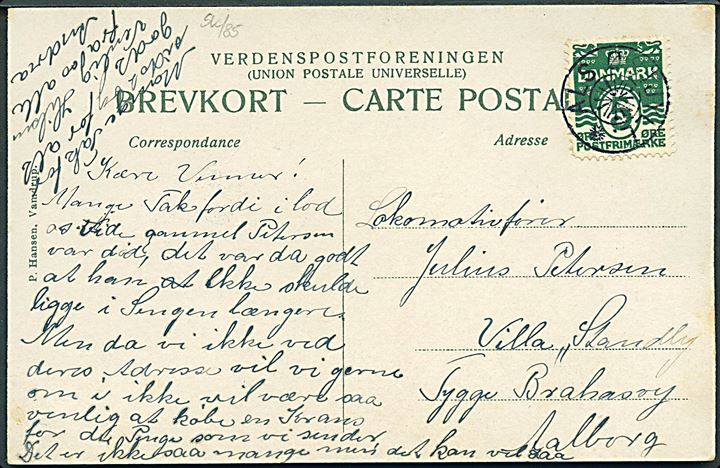 5 øre Bølgelinie på brevkort (Grænsen ved Frihed) annulleret med stjernestempel ALS ØSTJYLL. til Aalborg.