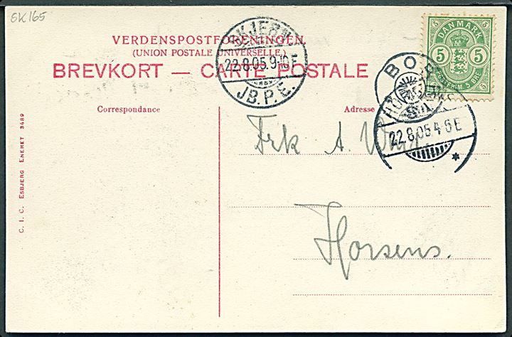 5 øre Våben på brevkort (Lejren i Borris med soldater) annulleret med stjernestempel BORRIS og sidestemplet Skjern JB.P.E. d. 22.8.1905 til Horsens.