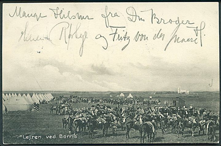 5 øre Våben på brevkort (Lejren i Borris med soldater) annulleret med stjernestempel BORRIS og sidestemplet Skjern JB.P.E. d. 22.8.1905 til Horsens.