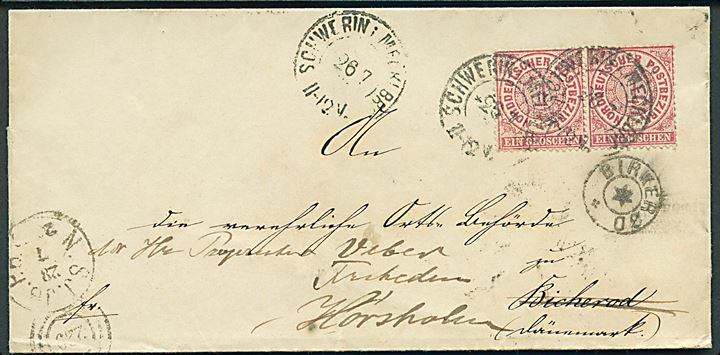 NDP 1 gr. i parstykke på brev fra Schwerin i Mecklbg. d. 26.7.1871 til Birkerød, Danmark - eftersendt til Hørsholm med stjernestempel BIRKERØD og ank.stemplet antiqua Hørsholm d. 28.7.1871.