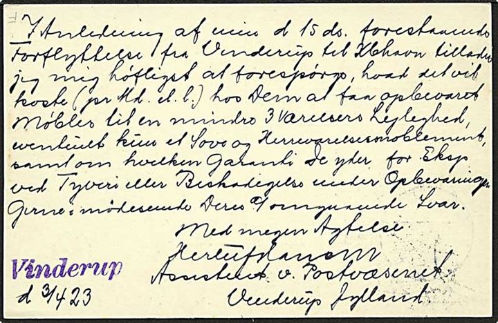 15 øre helsagsbrevkort (fabr. 69-I) fra Vinderup d. 3.4.1923 til København. Fra assistent ved Postvæsnet med violet liniestempel Vinderup.