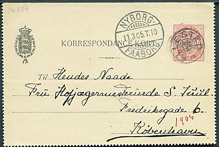 10 øre Våben helsags korrespondancekort annulleret med stjernestempel ELLESTED og sidestemplet Nyborg - Faaborg T.10 d. 11.3.1905 til København.