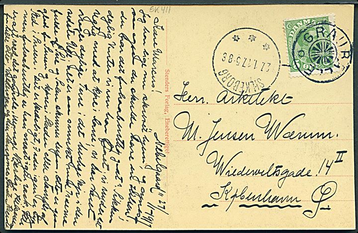 5 øre Chr. X på brevkort fra Nebelgaard annulleret med stjernestempel GRAUBALLE og sidestemplet Silkeborg d. 27.1.1917 til København.