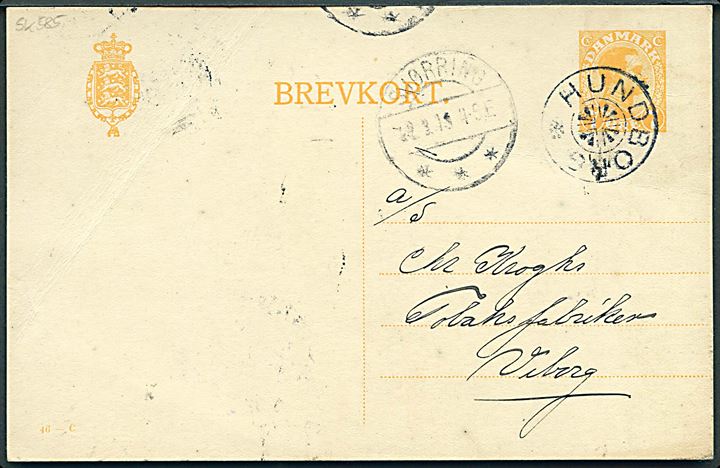 7 øre Chr. X helsagsbrevkort annulleret med stjernestempel HUNDBORG og sidestemplet Sjørring d. 22.3.1919 til Viborg.