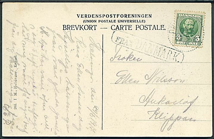 5 øre Fr. VIII på brevkort (Ophelia Kilde, Marienlyst) fra Helsingør annulleret med svensk bureaustempel PKXP 91 d. 24.5.1912 og sidestemplet Från Danmark til Klippan, Sverige.